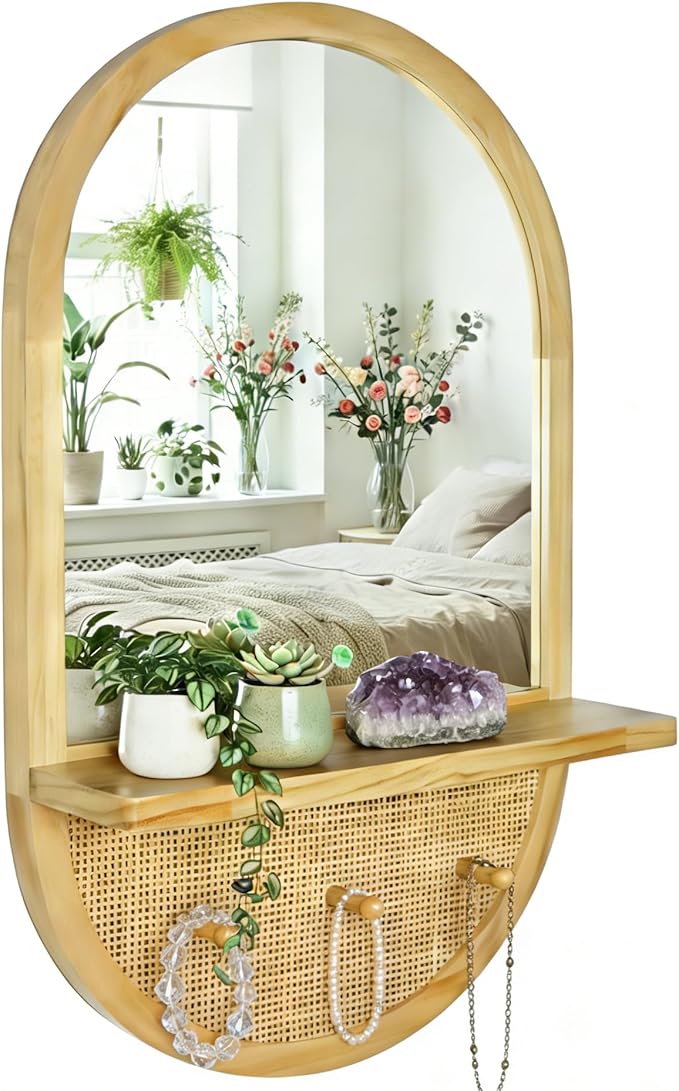 Wall Mirror with Hooks, 30x18 Inch Boho Wall Mirror with Removable Shelf, Oval Solid Wood Framed, Handmade Rattan Mirror Decor Accent for Entryway, Bathroom, Nursery, Bedroom, Living Room