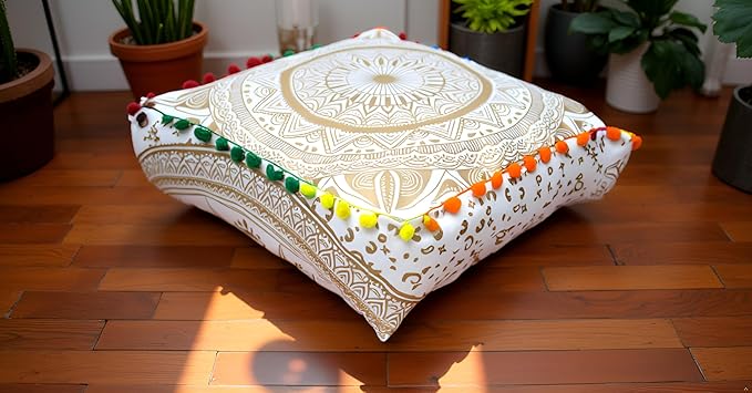 CRAFT KALA Gold Large Hippie Mandala Meditation Floor Ottoman Pillow Cushion Pouf Cover Square Poufs Bohemian Circle Floor Cushion Case Outdoor Fireplace Yoga Living Room Decor Cover 18" Square
