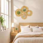 4 Pack Hanging Baskets Wall Art - Decorative Woven Lafite Basket Boho Wall Hanging, Rustic Round Mirrors Natural Coastal Home Decor Set for Bedroom Living Room Nursery