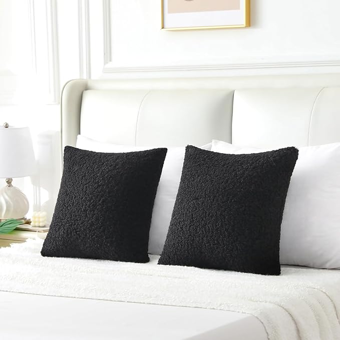 FUTEI Black Throw Pillow Covers 22x22 Inch Set of 2,Furry Faux Fur Teddy Boucle Textured Cushion Covers,Soft Fluffy Decorative Pillow Case,Home Decor for Couch Bed Living Room Office Car