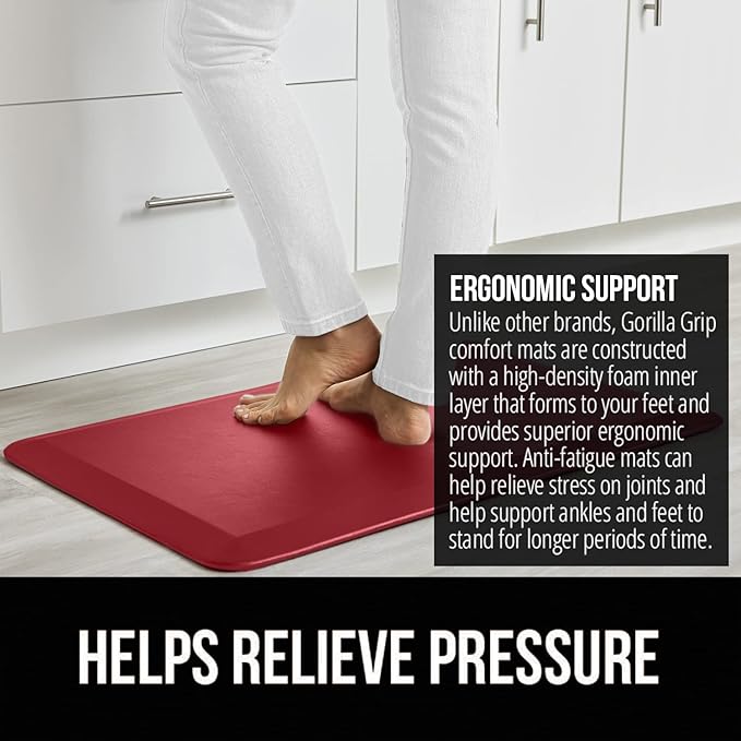 GORILLA GRIP Comfortable Cushioned Kitchen Mats for Floor, 39x20, Waterproof and Stain Resistant Soft Top, 3/4 Inch Thick Ergonomic Standing Desk Anti Fatigue Mat, Foam Supports Ankles and Feet, Red