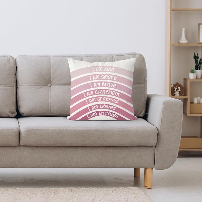 QIYUHOY Boho Rainbow Classroom Throw Pillow Covers, Book Center Calming Corner Playroom Decor Pillow Case, Pink Pillow Cover, I Am Kind Smart Brave Confidence 20x20 Inch Pillowcase(Pink)