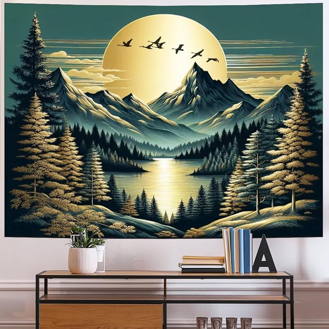 Generleo Mountain Moon Tapestry Forest Tree Tapestries Nature Landscape Tapestries Vintage Aesthetic Tapestry Wall Hanging for Bedroom Decor