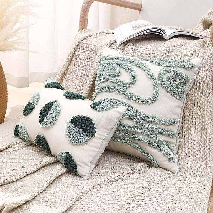 vctops Geometric Gradient Tufted Decorative Throw Pillow Cover Boho Cotton Rectangle Cushion Cover for Couch Sofa Bed (Green B,12"x20")