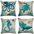 Mediterranean Style Throw Pillow Case Sea Theme Decorative Pillowcases Surtle Octopus Seahorse Whale Coastal Cushion Cover for18 X 18 Inch, 4Pack Nautical Pillow Covers for Summer Beach House Decor