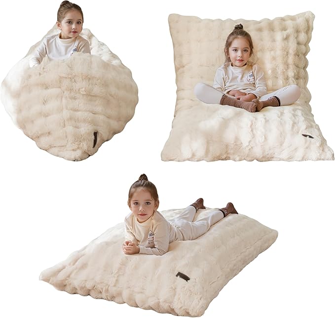 MAXYOYO 3 in 1 Kids Bean Bag Chair Bed, Child Floor Sofa for Gaming, Reading, Convertible Bean Bag Floor Cushion with Machine Washable Cover for Living Room Bedroom, Beige