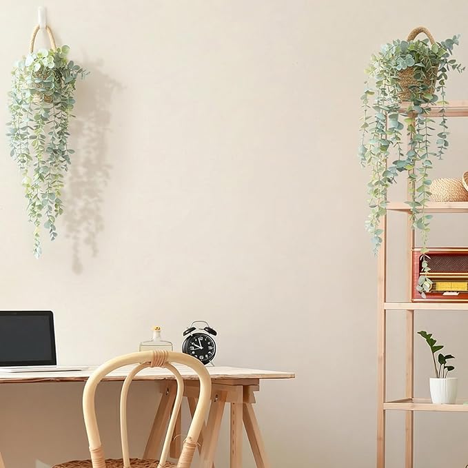 Fake Hanging Plant Decor Indoor, Eucalyptus Artificial Faux Plants in Wall Woven Planters, Jute Hanger with Black Pot Soft Green 2PCS 23Inch Long