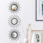 3 Pack Metal Mirrors for Wall Sunburst Wall Mirrors Home Décor Decorative Hanging Wall Art for Living Room Bedroom Entryway (Black Crystal, Flower+Sunburst)
