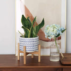 LA JOLIE MUSE Blue Planter with Stand - 7.3 Inch Retro Round Decorative Flower Pot Indoor with Wood Planter Holder, Blue and White, Home Decor Gift