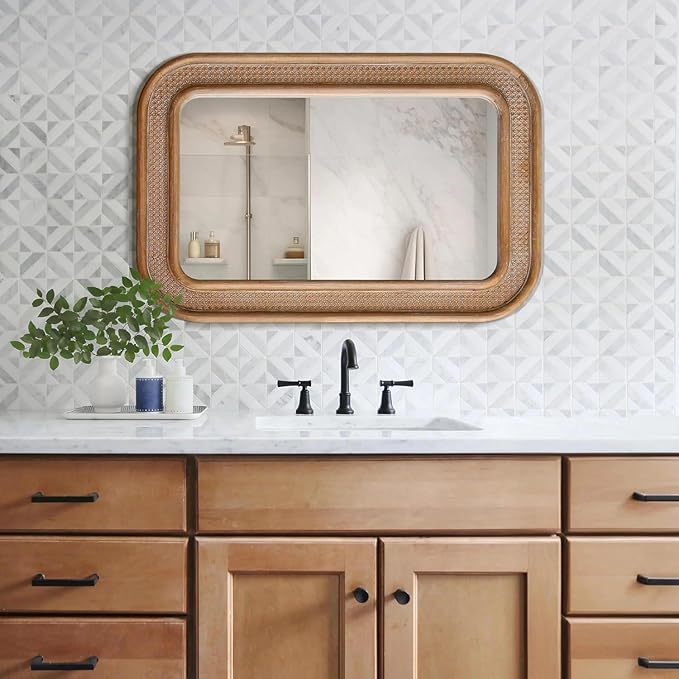 Micasso Handmade Rattan Mirror for Wall: 24"x36" Solid Wood Frame Bamboo Mirror - Distressed Finish Suit for Natural Style - Rustic Shabby Chic Wicker Mirrors for Farmhouse/Entryway for Nature Lovers