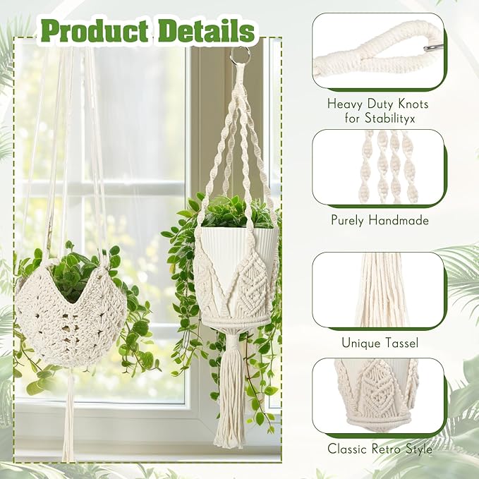 4 Packs Macrame Plant Hangers Indoor Crochet Hanging Plant Holder with Tassels Hanging Planters for Indoor Boho Hanger with 4 S Shaped Hooks for Home Decor Window Flower Pot (White)