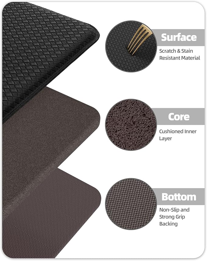Color&Geometry Anti Fatigue Cushion Padded Kitchen Mat for Floor - 17x59+17x59,Easy Clean, Waterproof & Oil Proof, Anti Slip, Foam Rubber Runner Rug for Front Sink Comfort Standing, Black Set of 2