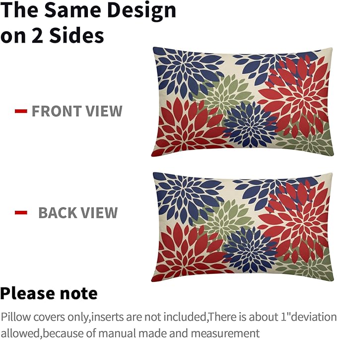 4th of July Pillow Covers 12X20 Inch Set of 2, Patriotic Red Blue Green Dahlia Floral Print Holiday Decorative Rectangle Throw Pillow Covers Outdoor Farmhouse Cushion Case for Couch Sofa Bed Decor
