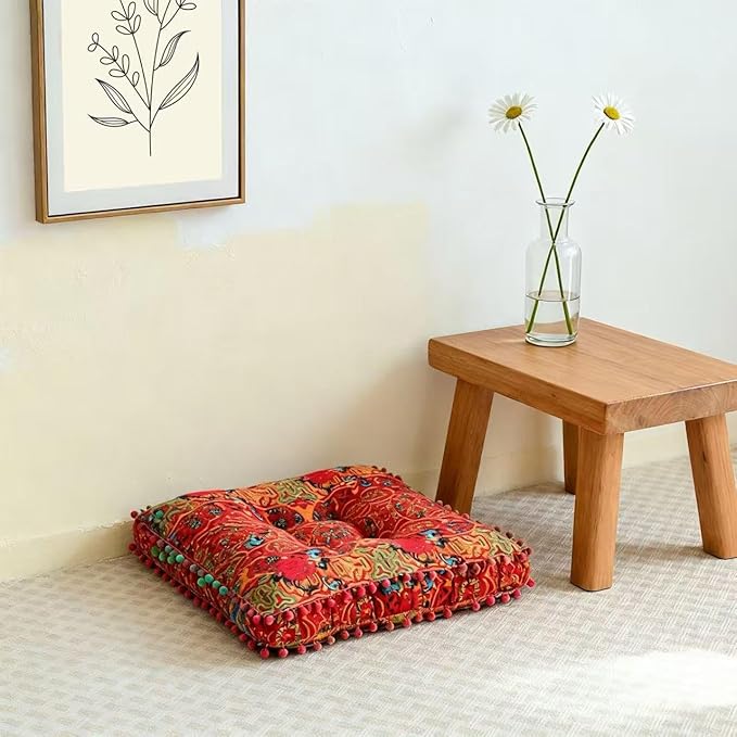 Bohemian Floor Pillow, Square Meditation Cushion & Yoga Mat – Ethnic Mandala Pattern Floor Seating for Living Room, Bedroom, Relaxation, Floor Decor(Orange)