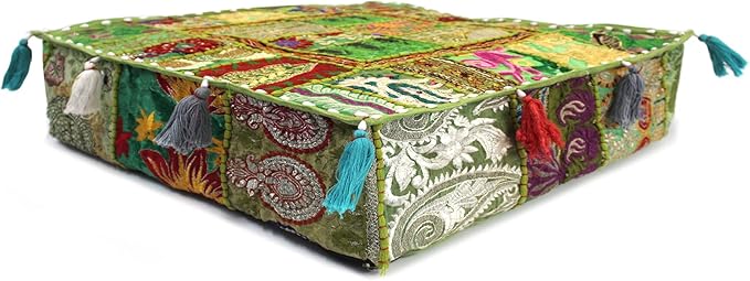 Mam Treasures Indian Bohemian Decorative Pillow Vintage Cushion Cover Patchwork Square Floor Pillow Cover Meditation Cushion Large Floor Pillow Indian Cushion (Light Green, 22 X 22 X 5 Inch)