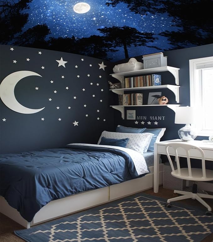 TUGCAY Forest Galaxy Starry Tapestry Blue Space Night Sky Stars Moon Ceiling Tapestry Nature Trees Tapestries Aesthetic Wall Hanging for Bedroom Dorm Living Room Office Decor 90x70 Inch