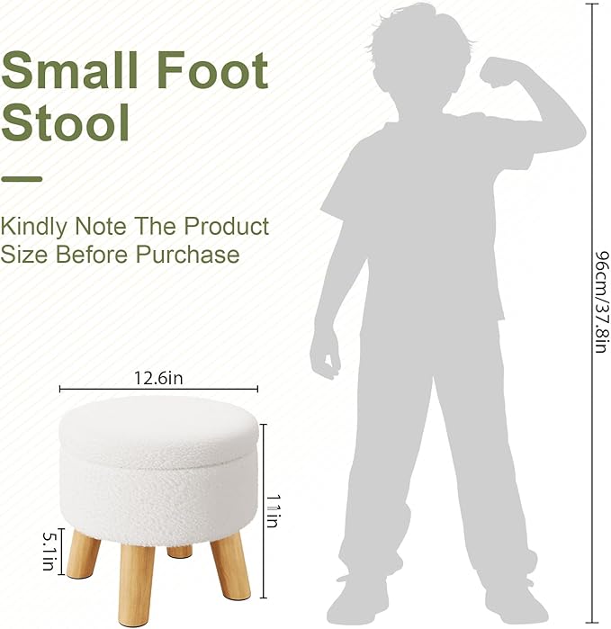 Small Ottoman Footrest, White Boucle Foot Stool, Round Pouf Ottoman with Storage, Teddy Velvet Foot Rest for Couch, Living Room, Nursery, Small Coffee Table Ottomans Stool