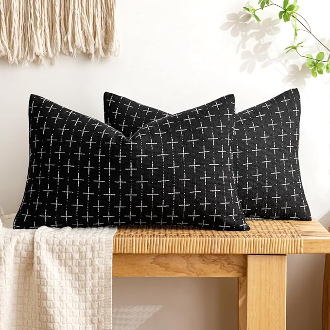 MIULEE Pack of 2 Decorative Burlap Linen Throw Pillow Covers Modern Farmhouse Pillowcase Rustic Woven Textured Cushion Cover for Sofa Couch Bed 12x20 Inch Black