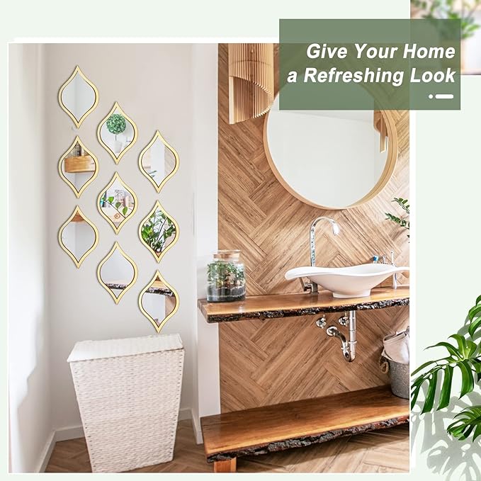 Tanlade 9 Pcs Wall Mirrors Decorative Teardrop Gold Mirror Decor Acrylic Wall Mounted Decorations Art Boho Vintage Farmhouse Gifts for Living Room Bedroom Bathroom Vanity Entryway 9.8 x 6.7 Inch