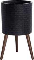 D'vine Dev 12 Inch Modern Geometric Tile Patterned Sleek Planter Pot with Stand, Indoor Outdoor Decorative Plant Holder, Distressed Black, 88-Z-C-5