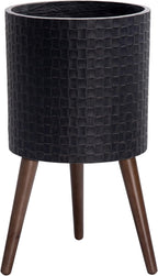 D'vine Dev 12 Inch Modern Geometric Tile Patterned Sleek Planter Pot with Stand, Indoor Outdoor Decorative Plant Holder, Distressed Black, 88-Z-C-5