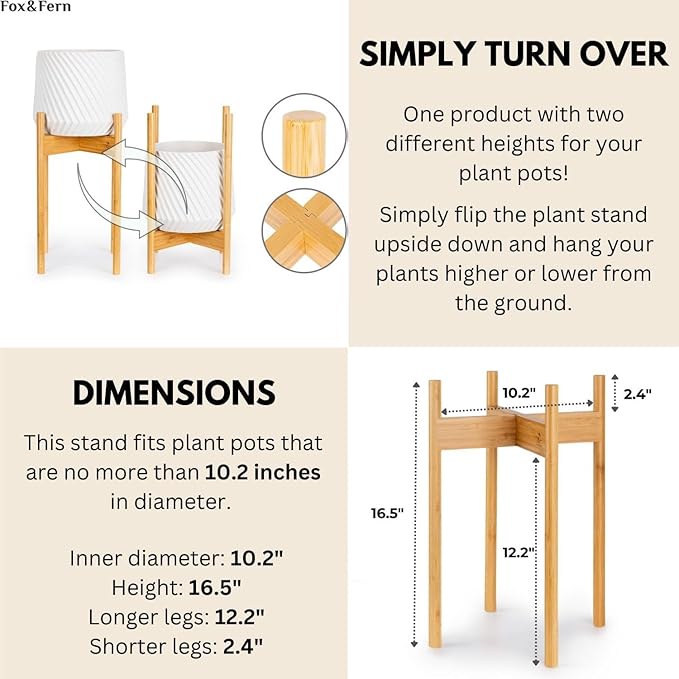 Fox & Fern Mid Century Tall Plant Stand — 10 Inch Fixed Size Raised Bamboo Plant Stand for Indoor Pots (Not Included) - Modern Flower Pot Holder with Plug In Design - Easy to Assemble - Bamboo