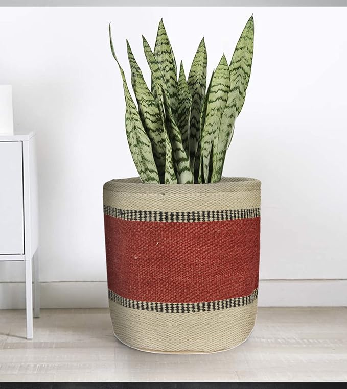 Jute Planter Basket Modern Woven Basket for 8" Flower Pot Floor Indoor Planters, 10” x 10” Storage Organizer Basket Rustic Home Decor, Boho Storage Earth-friendly Planter (10x10 Inches, Red Bleach 25)