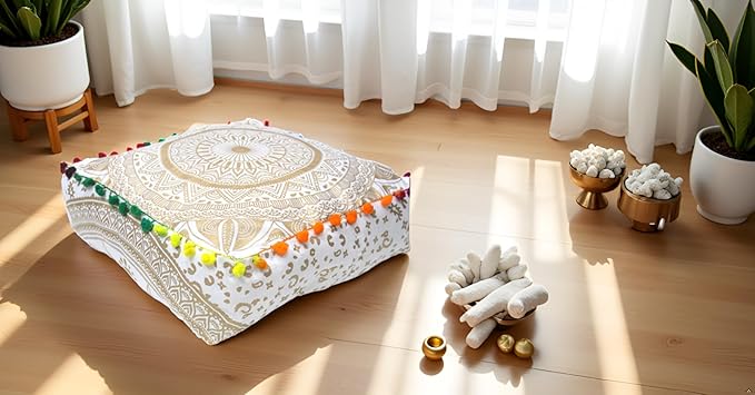 CRAFT KALA Gold Large Hippie Mandala Meditation Floor Ottoman Pillow Cushion Pouf Cover Square Poufs Bohemian Circle Floor Cushion Case Outdoor Fireplace Yoga Living Room Decor Cover 16" Square