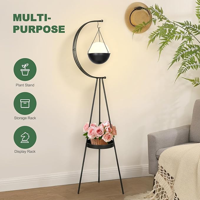 airogym Plant Stand, Metal Plant Holder Indoor Outdoor, Modern Iron Flower Pots Rack, Multifunctional Planter Display Shelf with Hanging Planters for Garden Patio Room, Corner Balcony Decor (Black)