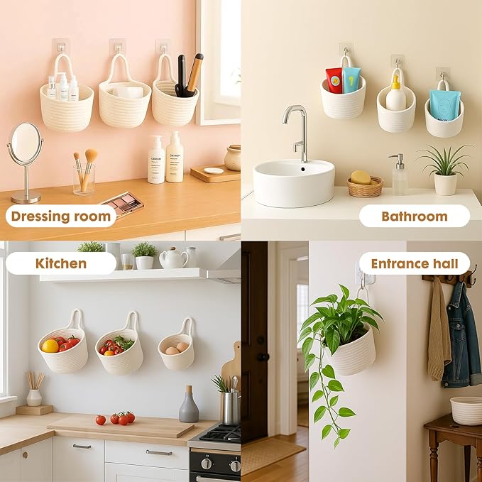 ShellKingdom Hanging Baskets, 3Pack Woven Wall Mounted Storage Basket with 3 Pcs Hooks, Boho Pouchs Bag Organizers for Home Office Living Room Bathroom Door Wall Decoration Caddy Bins (White)
