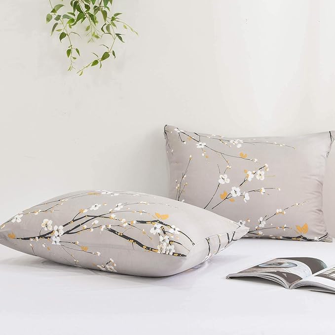 NANKO Floral Pillow Case Set (2 Pack), Tan Gray Plum Blossom Flower Pattern Printed Pillowcases/Pillow Shams - 20x30 inch Standard Queen Size
