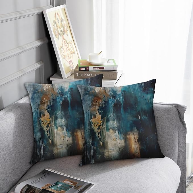 Britimes Throw Pillow Covers Modern Home Art Decor, 20 x 20 Inches Set of 2 Pillow Cases Decorative, Abstract Oil Painting Pillowcases for Bedroom, Living Room, Cushion Couch Sofa, Teal Black