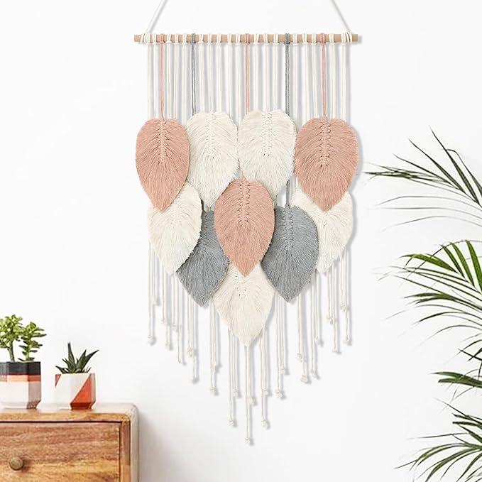 Alynsehom Macrame Wall Hanging, Boho Woven Tapestry, Chic Modern Bohemian Handmade Leaf Feather Wall Art Home Decor for Apartment Dorm Living Room Bedroom Nursery Backdrop(16.5" W X 29.5" L)