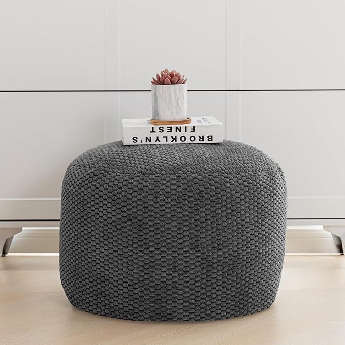 Pouf Ottoman Stuffed High Density Filler Velvet Floor Pouf Round Foot Stool 20 * 12 Inches Ottoman Foot Rest for Living Room, Home Decor (Dark Gray)