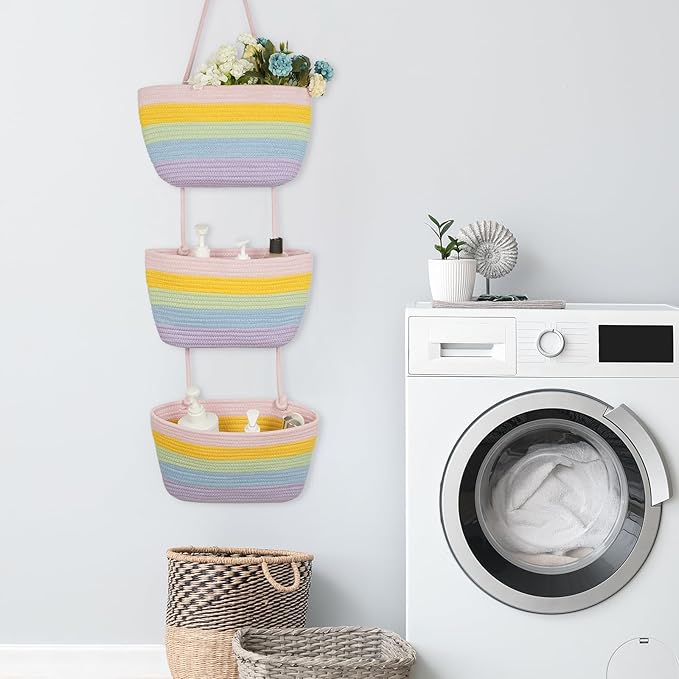 TeoKJ Over the Door Organizer, 3-Tier Woven Cotton Hanging Storage Baskets, Wall-Mounted Baskets for Nursery Organization, Rainbow