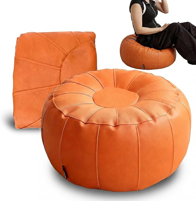 Leather Pouf - 20”Dx12”H, Wash-Free Tech Fabric Pouf Unstuffed Ottoman Moroccan Footstool, Floor Footrest Cushion, Storage Solution, Natural Orange Color Unstuffed Faux Leather Cover (Orange)