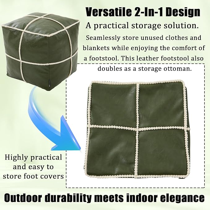 Louis Donné Square Unstuffed Pouf Ottoman Cover - Waterproof Faux Leather Footstool for Living Room, Moroccan Boho Poufs Foot Rest with Storage, Easy Clean, 18 Inch, Green（Only Cover No Filler