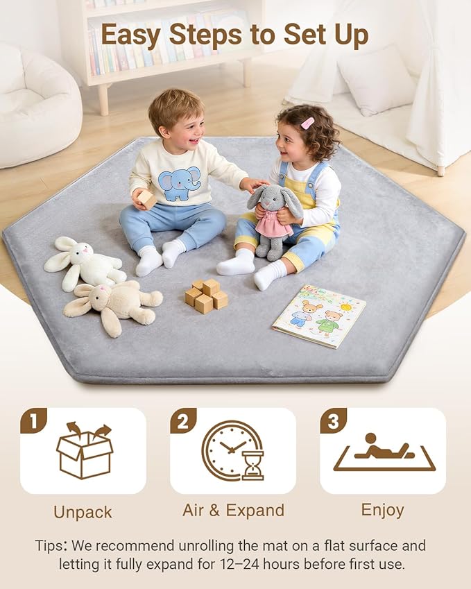Thick Hexagon Playpen Mat,65x56 Inch Baby Play Mat for Floor,Soft Support & Plush Feel Foam Mats Play Tent Mats for Infant,Kids,and Toddler Crawling,Non-Slip Back for Indoor Playhouses(Light Grey)
