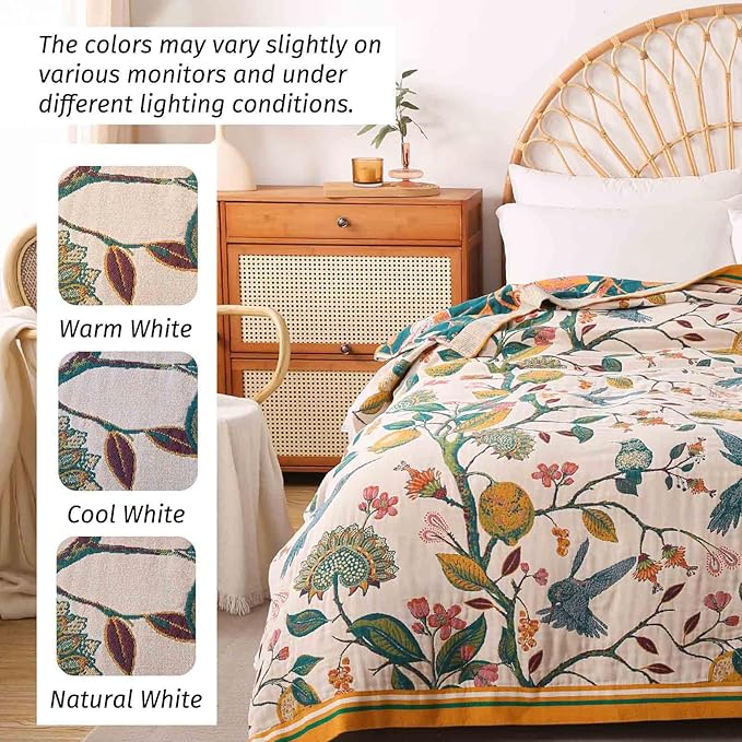Qidordour Boho Throw Blanket, 60"x80" Muslin Blankets for Adults, 100% Organic Cotton Blanket for Couch Sofa, Lightweight Quilt, All Season Bed Throw, Farmhouse Home Decor, B-Hummingbird Fruit