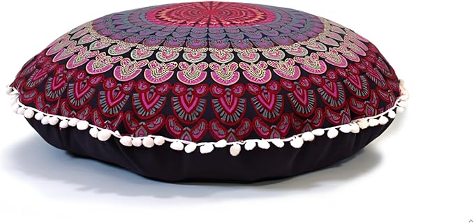 CRAFT KALA 22" Mandala Meditation Floor Pillows Cover Pouf Cover Round Seating Bohemian Mandala Cotton Floor Cushion Cover Outdoor Fireplace Seating Living Room Yoga Room Home Décor Pink