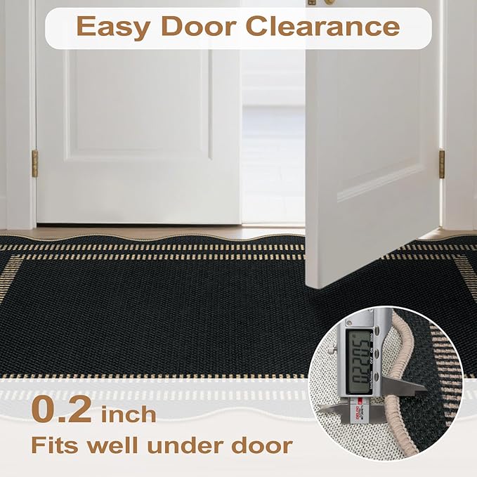 Scalloped Easy Jute Black Rug, 2.6x4 Front Door Washable Door Mat Non Slip Small Kitchen Area Rug, Farmhouse Low Pile Floor Rugs for Entryway Porch Doorway
