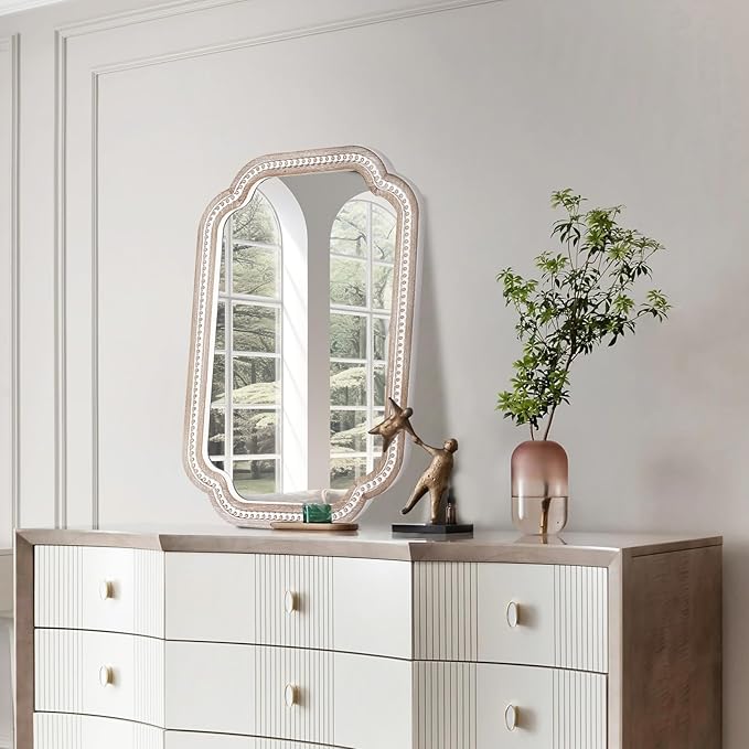 36x24 Inch Scalloped Wall Mirror with Beaded Wood Frame, Boho Farmhouse Decorative Mirrors for Bathroom Over Sink, Living Room, Entryway