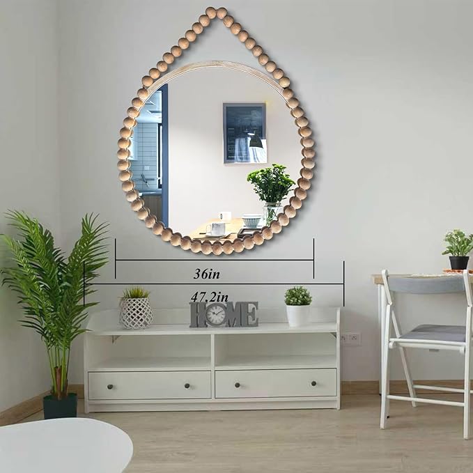 POZINO Wood Round Mirror, 36" Large Wooden Beaded Mirror, Farmhouse Hanging Country Rustic Mirrors with Rope, Spherical Frame Circle Mirrors for Bathroom Bedroom Living Room Hallway Entryway Fireplace