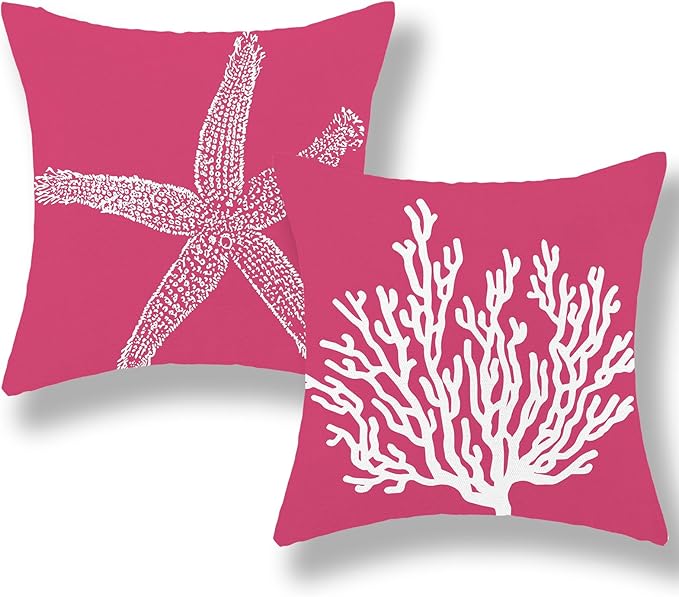 Coastal Pillow Covers 18x18 Inch Set of 2 Hot Pink Coral Starfish Throw Pillows Nautical Ocean Decorations Beach Pillowcase Outdoor Decor Linen Farmhouse Cushion Case for Home Sofa Living Room