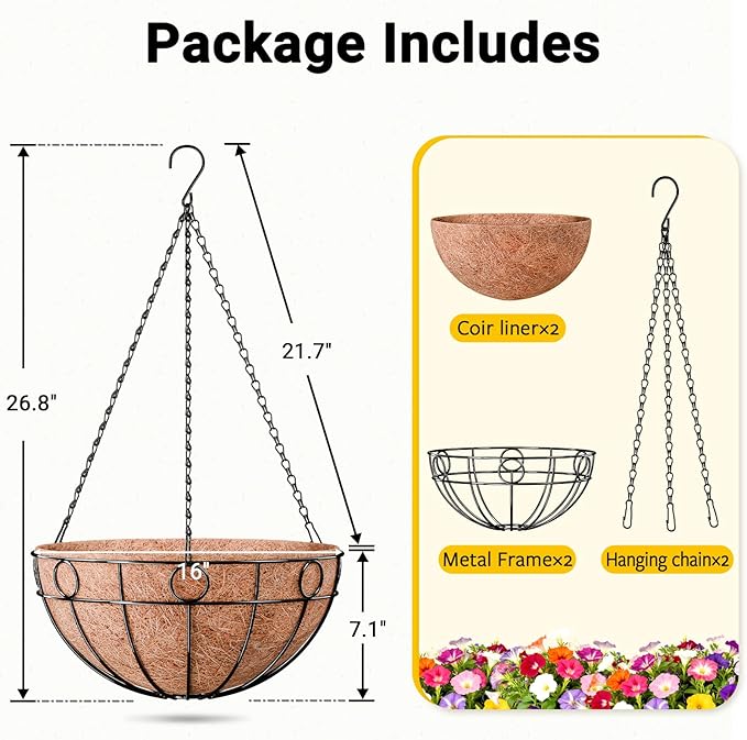 ZeeDix 16 Inch Large Hanging Baskets for Plants Outdoor, 2 Pack Round Metal Wire Planter Basket with Coco Coir Liner, Hanging Flower Pots for Outdoor Garden Yard Patio Porch Balcony Decor