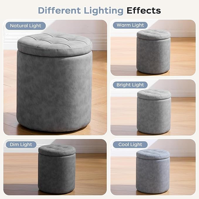 12.6" W x 14.17" H & 14.76" W x 17.32" H Storage Ottoman Foot Stool for Couch, Nesting Round Vanity Stools Padded Ottomen, Leather Set of 2 Footrest for Living Room,Grey