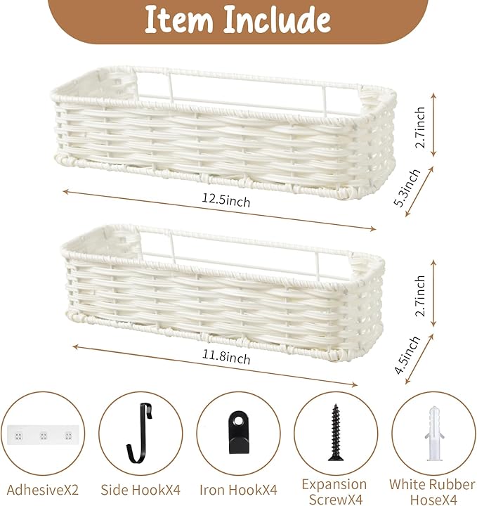 Hanging Wall Basket, Adhesive Wall-Mounted Organizer for Storage, Plastic Wicker Woven Storage Shelves for Kitchen, Bedroom, Bathroom, Livingroom, 2-Pack, Off White Color
