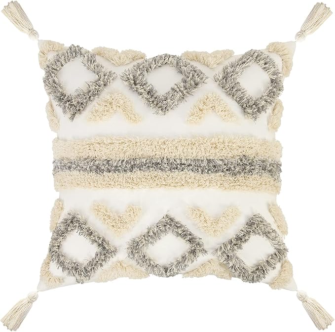 Merrycolor Boho Throw Pillow Covers 18x18 with Tassels White and Grey Decorative Throw Pillows Woven Tufted Pillowcase Modern Accent Bohemian Square Cushion Covers for Couch Sofa Bedroom Living Room