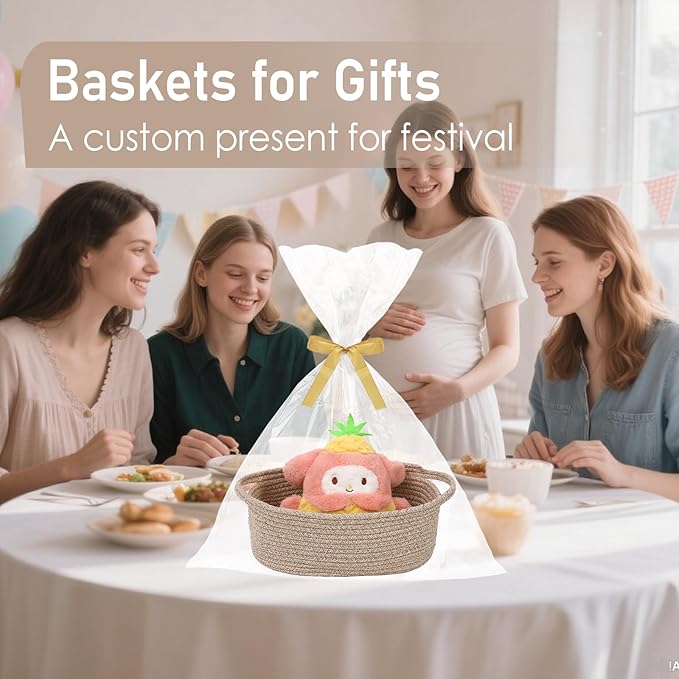 Woven Basket,Small Rope Storage Bin with Handles & Ribbon Bag, Organizer for Shelves Closets,Gift Basket Empty for Birthday,Books,Dog Toys,Oatmeal/2 Pack