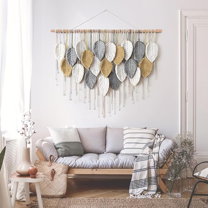 LOMOHOO Large Macrame Wall Hanging, Boho Home Decor, Bohemian Woven Tapestry Leaf Feather Wall Art Decoration for Living Room Bedroom Apartment Gallery Dorm Perfect Handmade Gift Ideas 39" W x 30.7" L